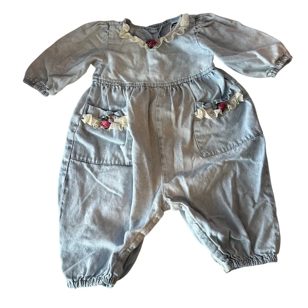 Vintage 90s Wee Boxers Baby Girl Denim Romper Size 12 Months Roses Lace Feminine